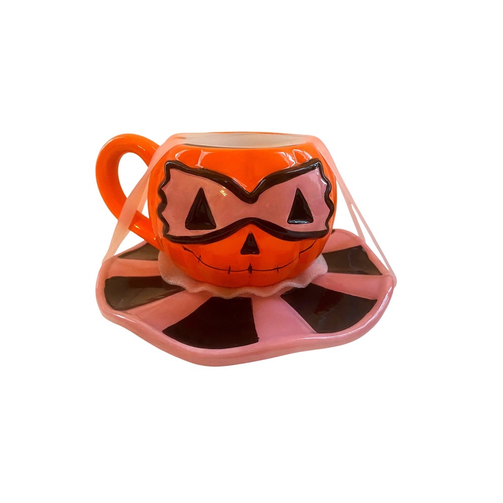 Jack O' Lantern Lane Pumpkin Teacup Saucer Set Pink Mask Halloween Ceramic